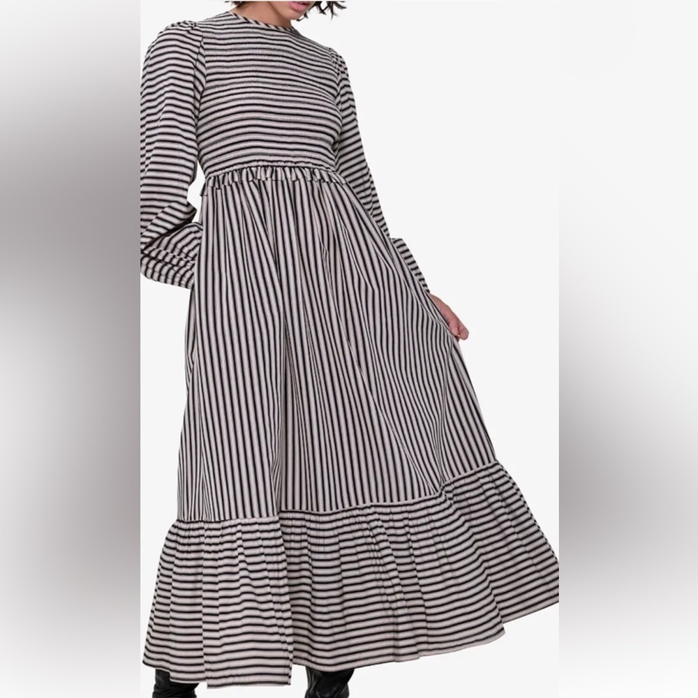 Striped Black and White Midi Dress - Long Sleeve Feminine Silhouette